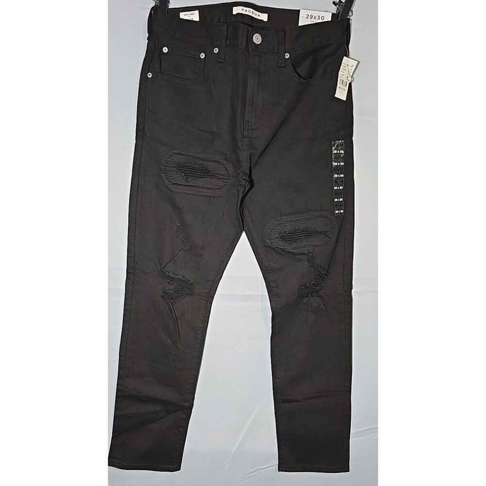 Pacsun Slim Taper  Distressed Mens Mid Rise Stretch Black Jeans Size 29x30